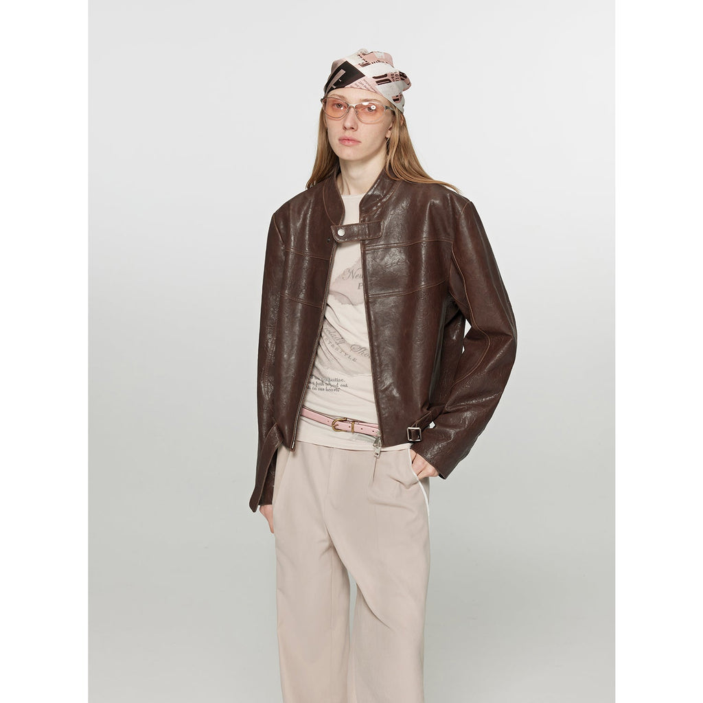 Caramel Mountain Retro Leather Stand Collar Short Motorcycle Jacket
