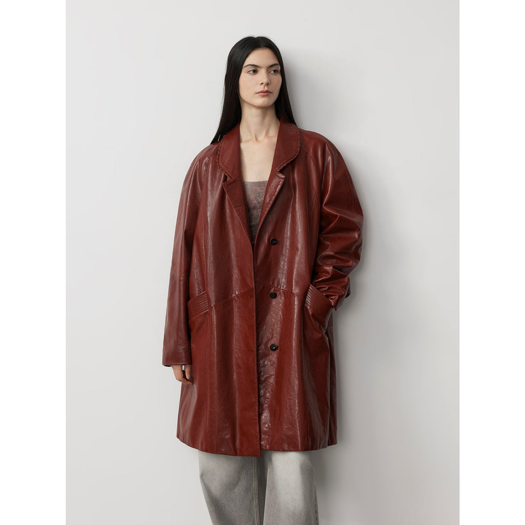 Sonorous Rose vintage imported oil waxed goatskin long trench coat