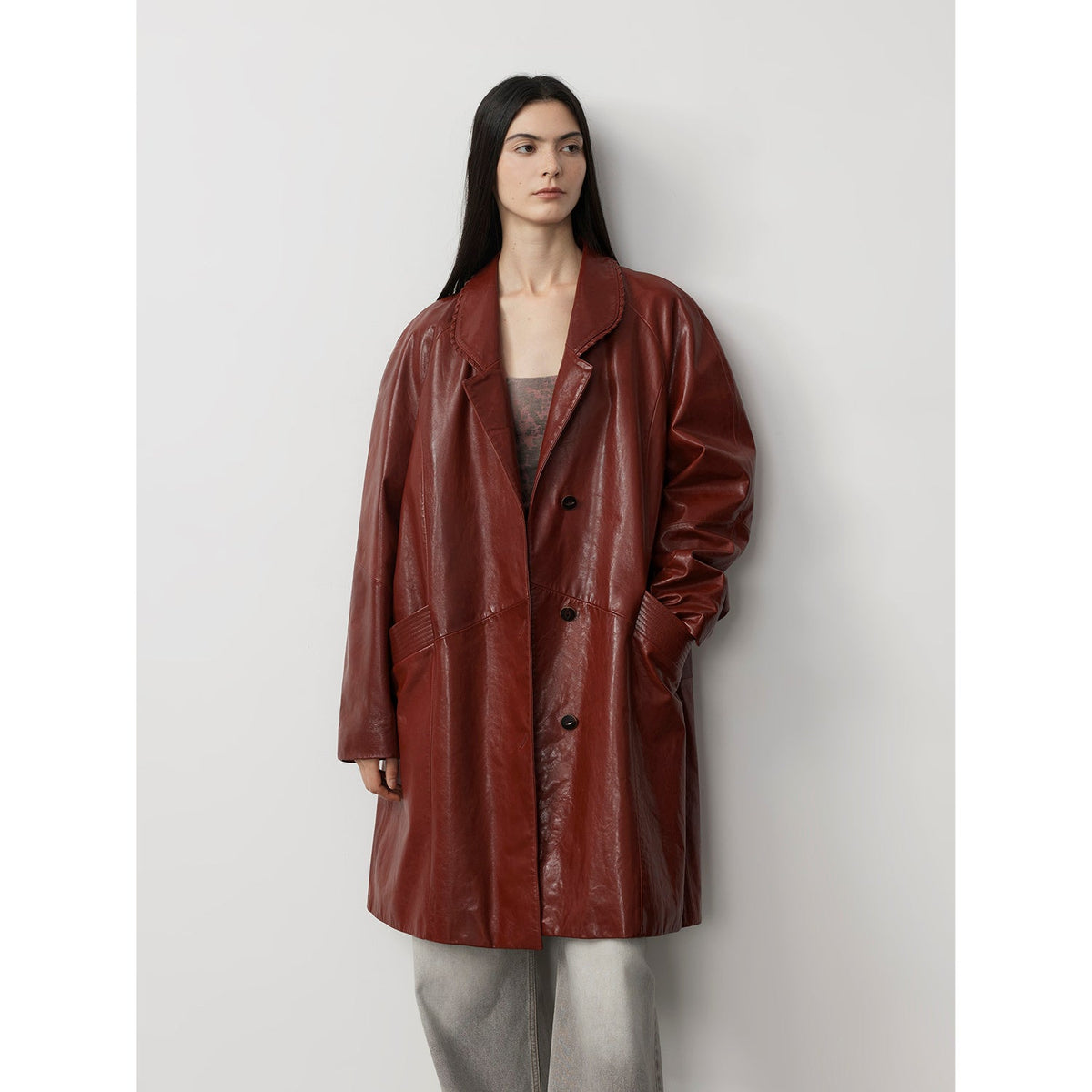 Sonorous Rose vintage imported oil waxed goatskin long trench coat