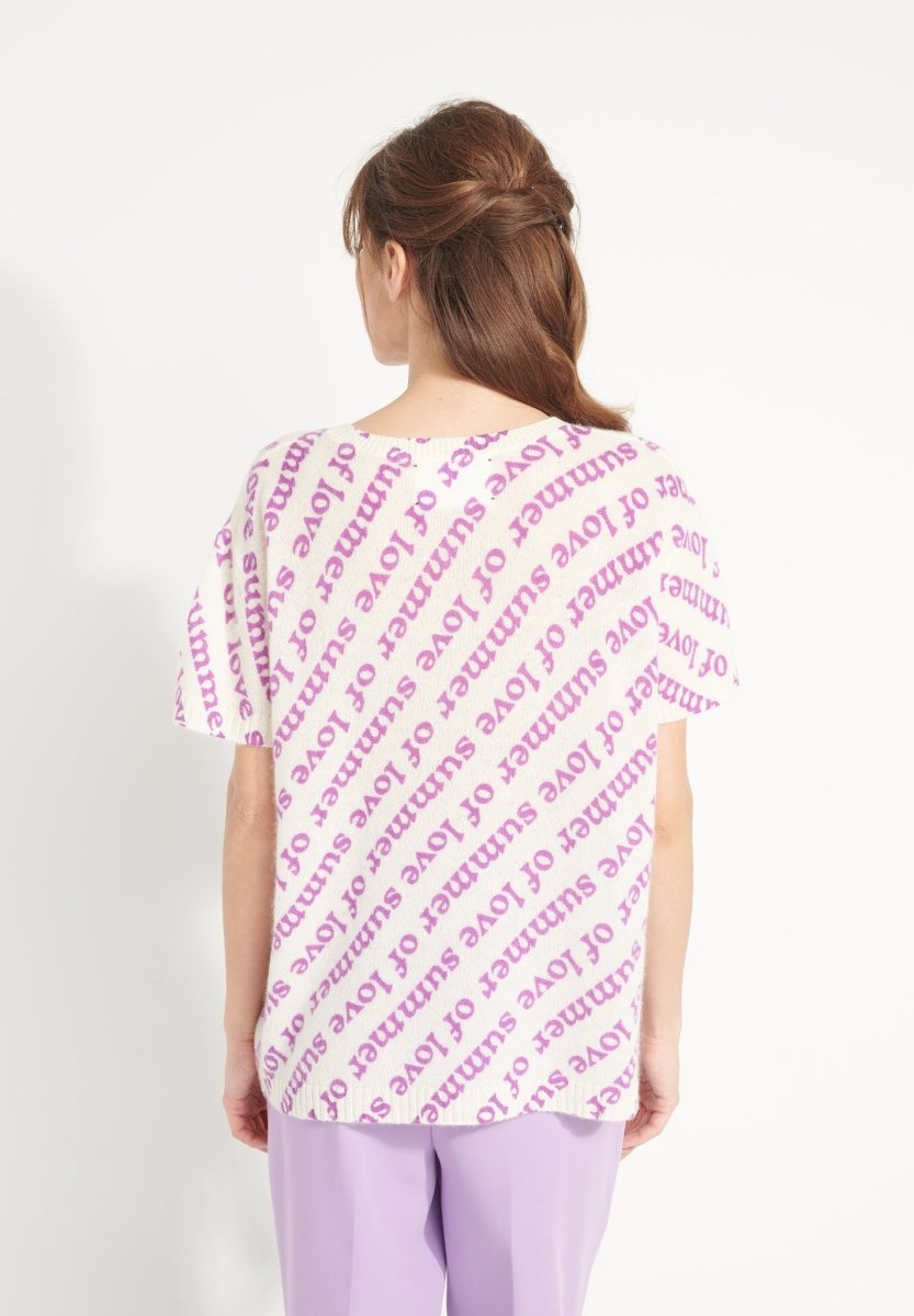 T-shirt col rond cachemire femme en cachemire déjaugé blanc écru imprimé violet - AVA 10