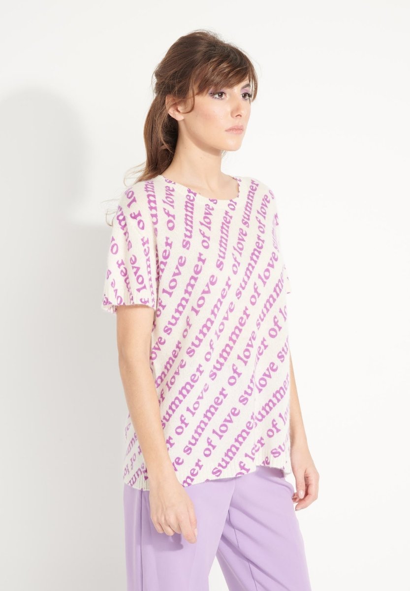 T-shirt col rond cachemire femme en cachemire déjaugé blanc écru imprimé violet - AVA 10