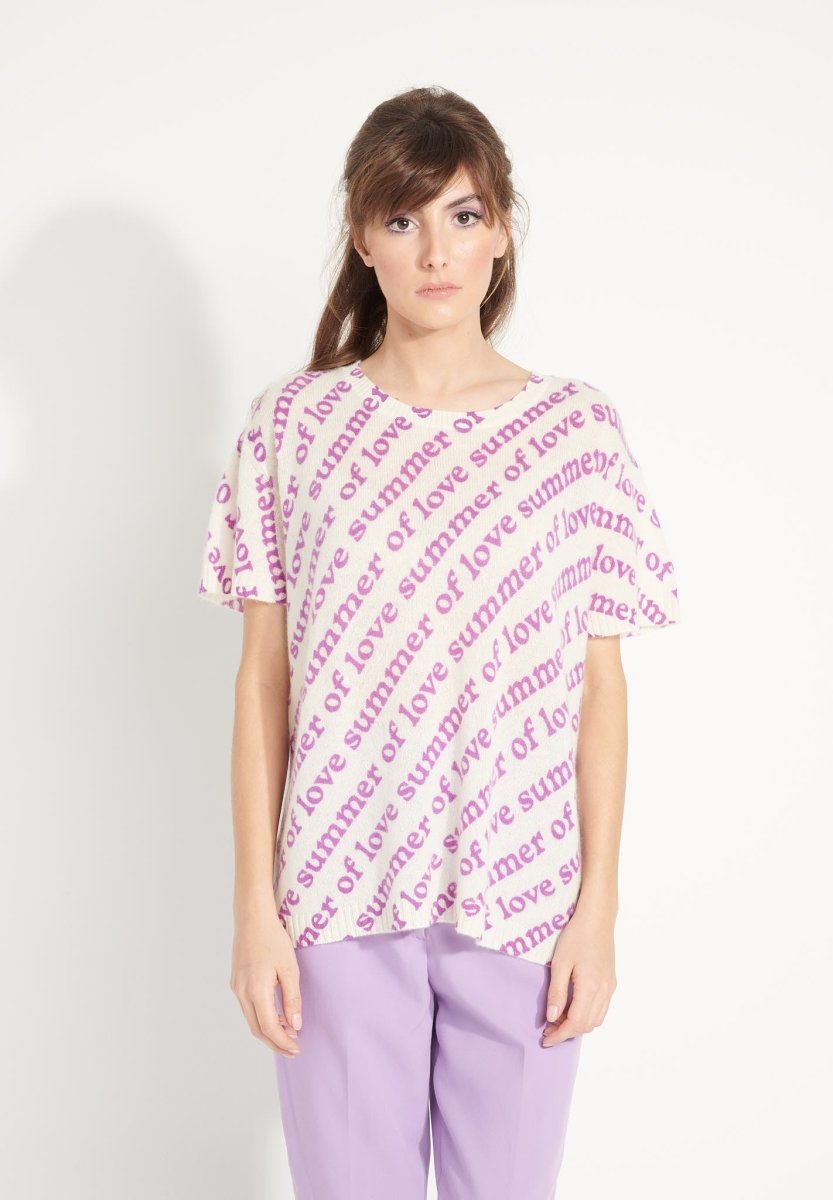 T-shirt col rond cachemire femme en cachemire déjaugé blanc écru imprimé violet - AVA 10