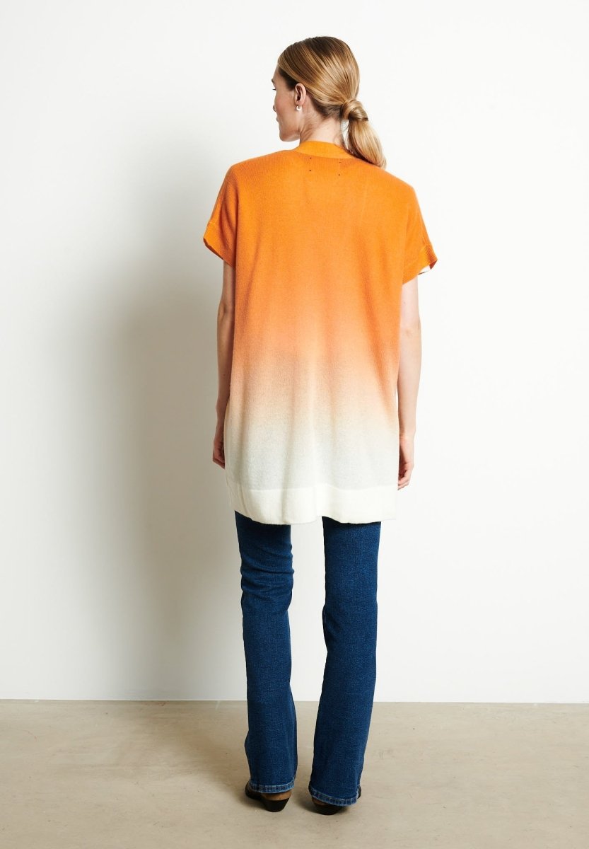 Gilet à manches courtes femme en cachemire déjaugé tie & dye blanc écru & orange - AVA 11A