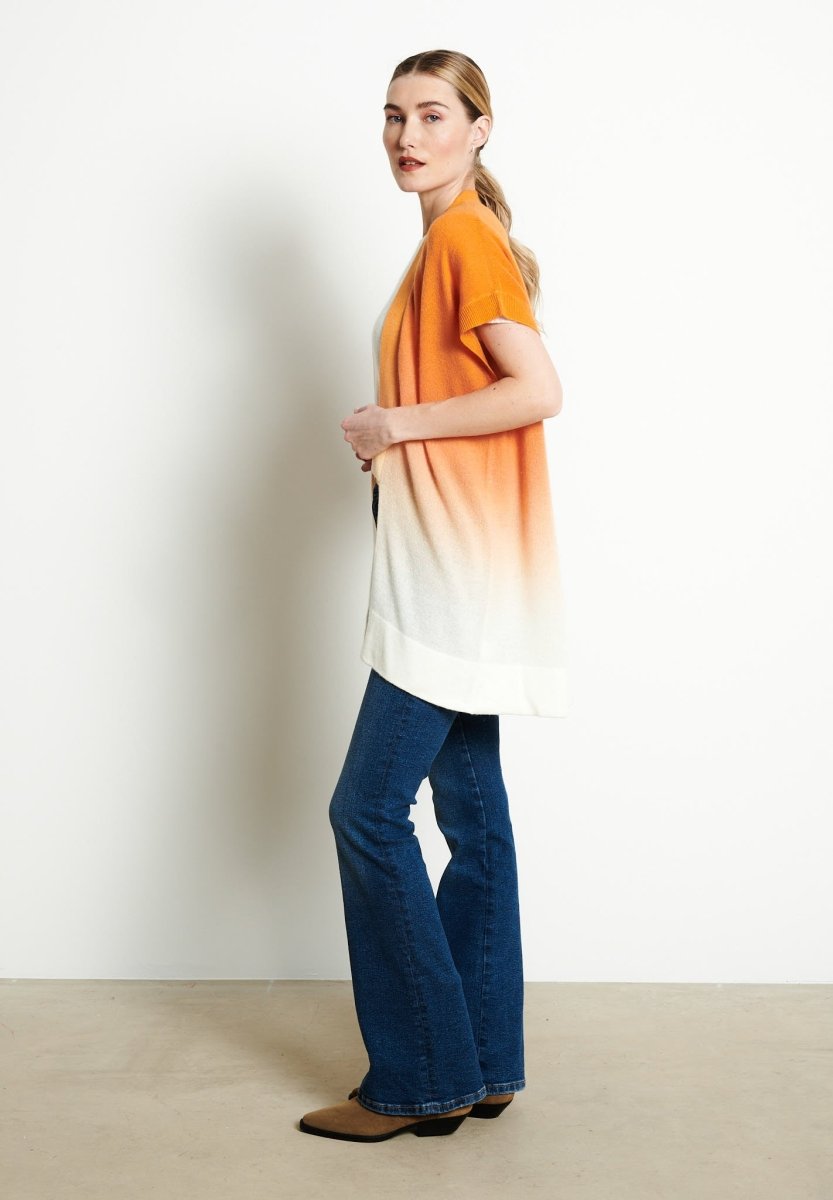 Gilet à manches courtes femme en cachemire déjaugé tie & dye blanc écru & orange - AVA 11A