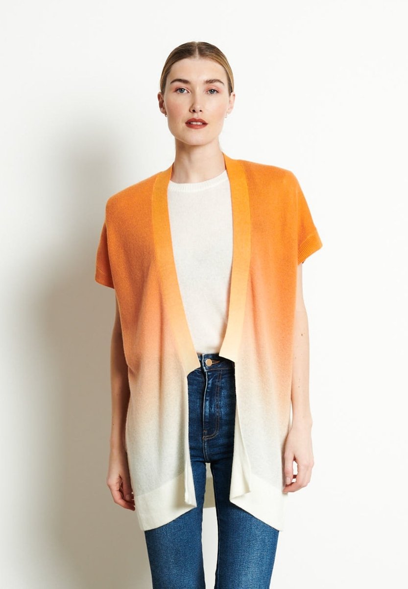 Gilet à manches courtes femme en cachemire déjaugé tie & dye blanc écru & orange - AVA 11A