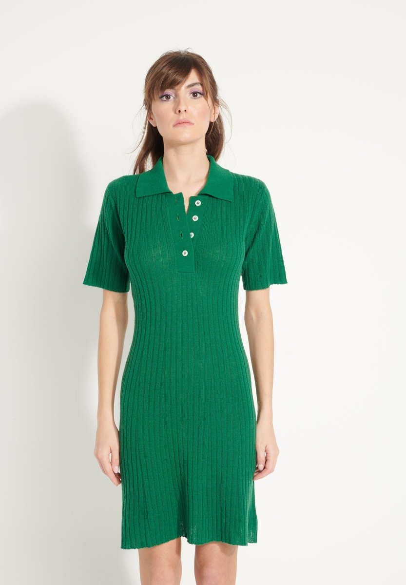 Robe col polo femme en cachemire déjaugé vert émeraude - AVA 17-0
