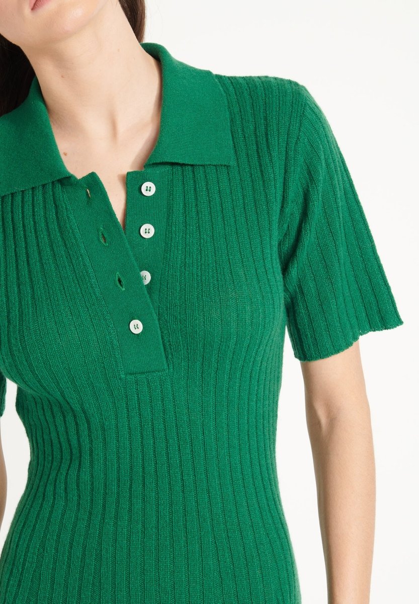 Robe col polo femme en cachemire déjaugé vert émeraude - AVA 17-2