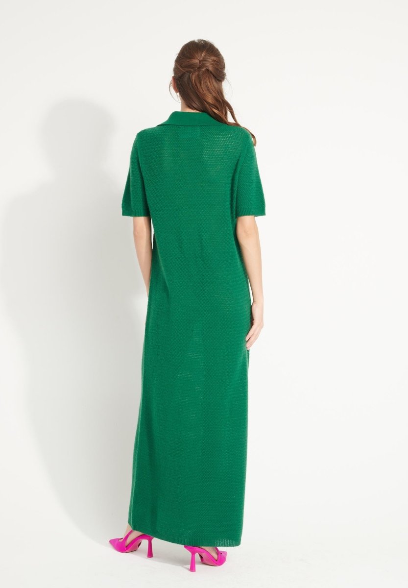 Robe longue col polo femme en cachemire ajouré vert émeraude - AVA 18