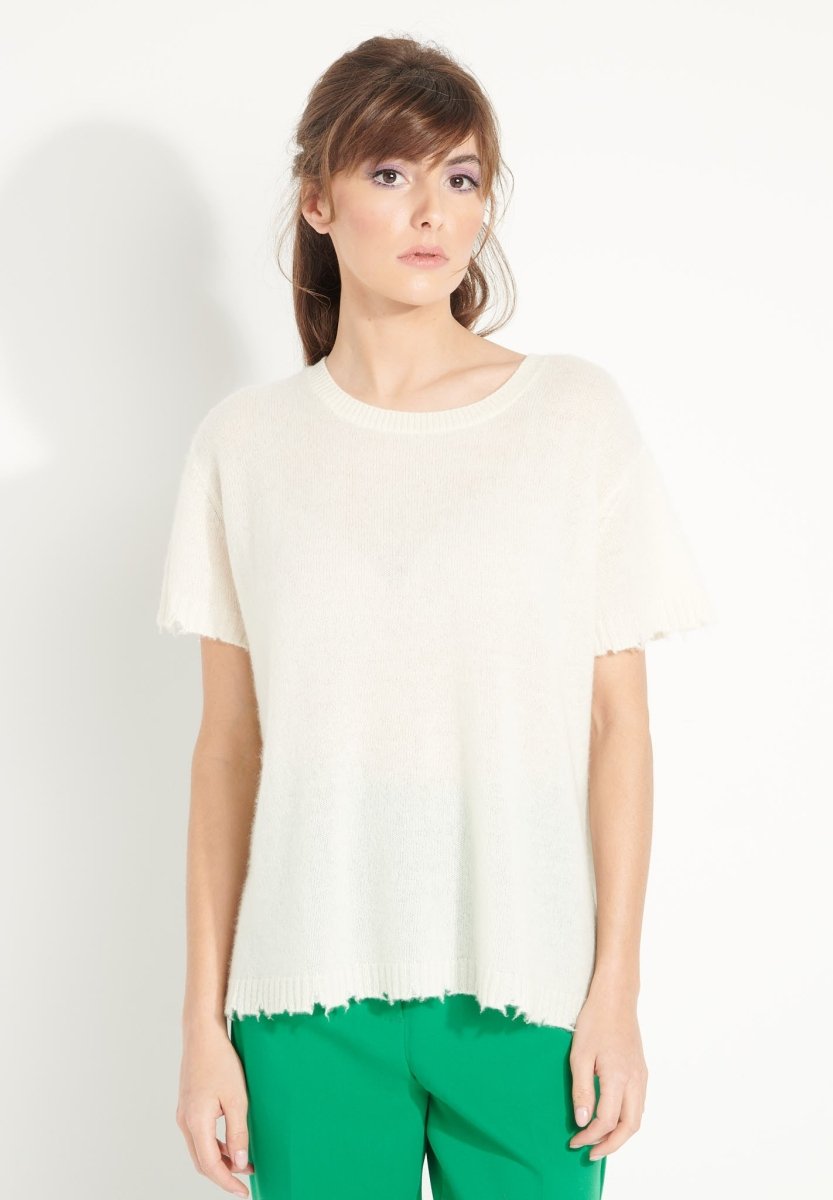T-shirt col rond femme en cachemire déjaugé blanc écru - AVA 6