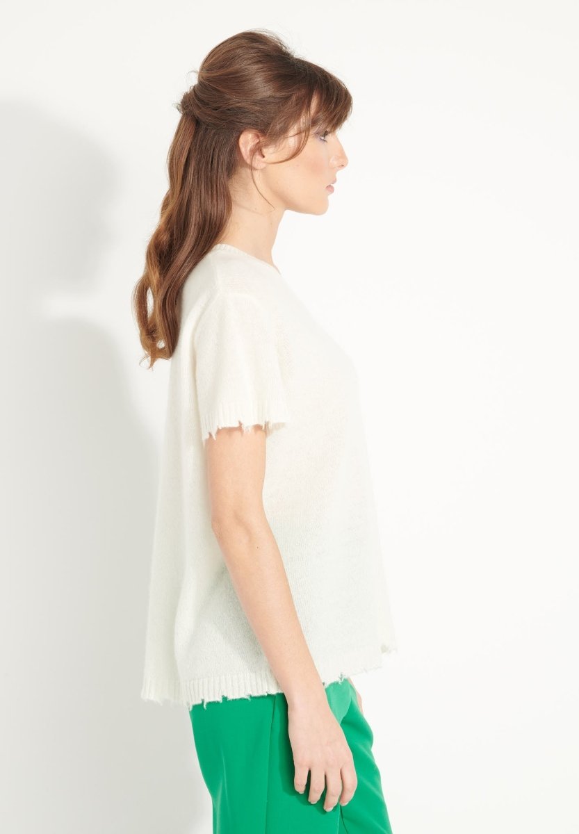 T-shirt col rond femme en cachemire déjaugé blanc écru - AVA 6
