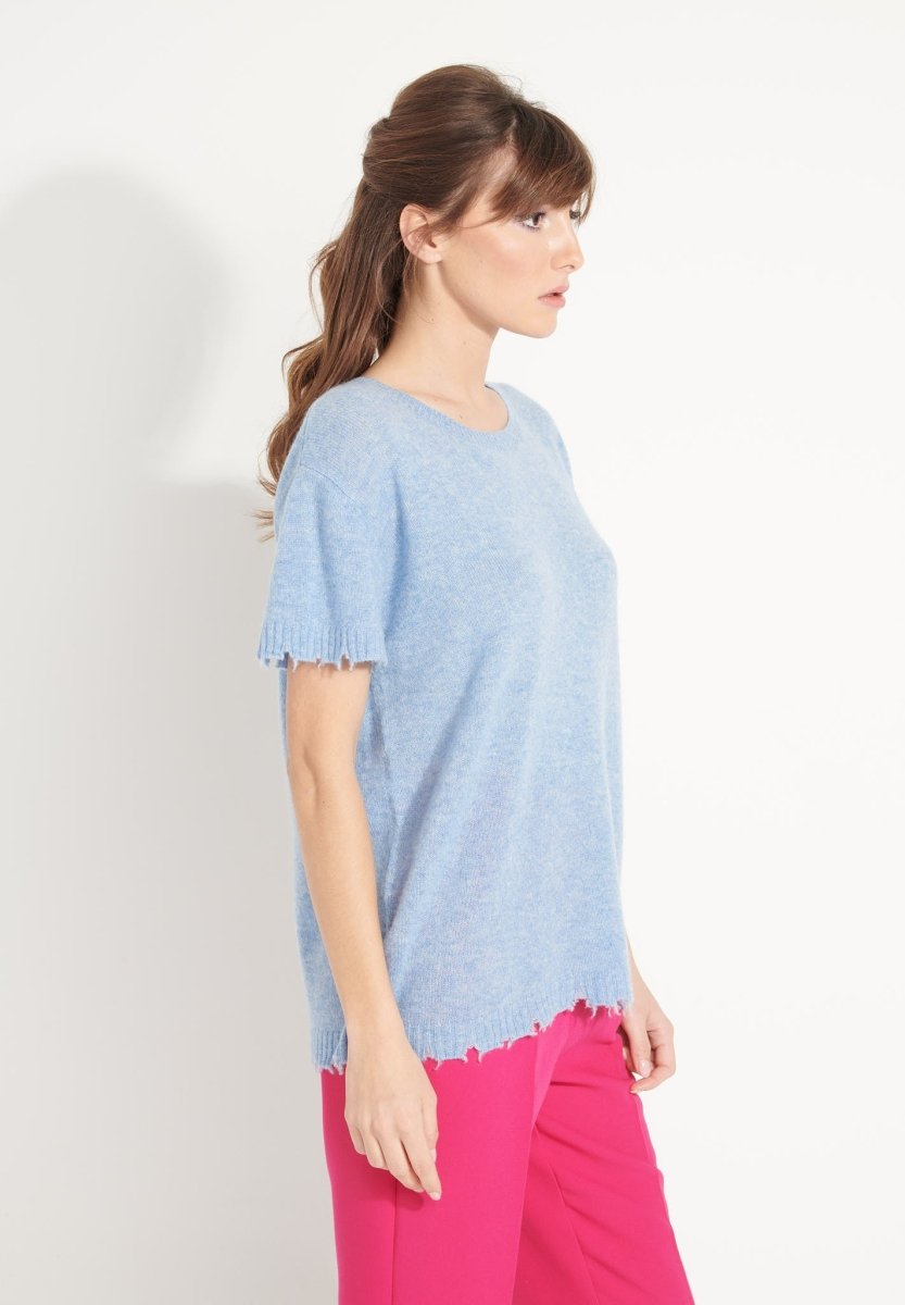 T-shirt col rond femme en cachemire déjaugé bleu ciel - AVA 6