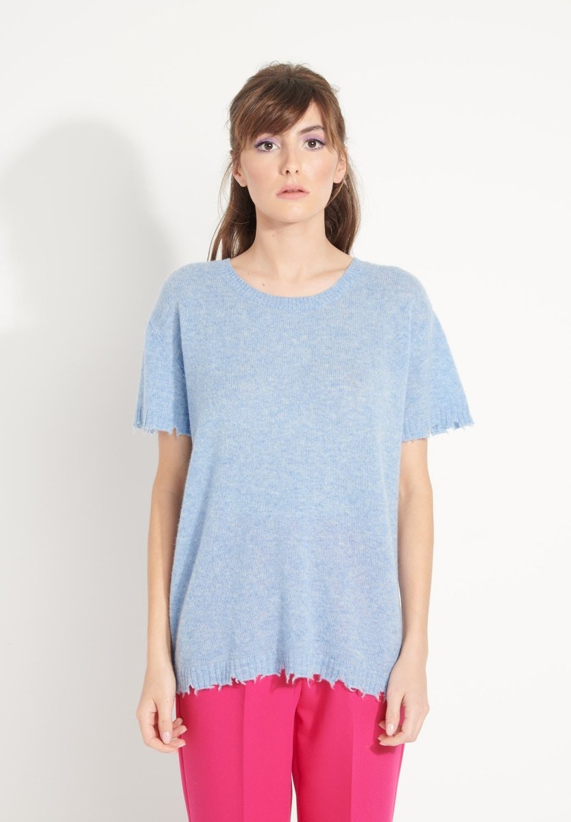 T-shirt col rond femme en cachemire déjaugé bleu ciel - AVA 6