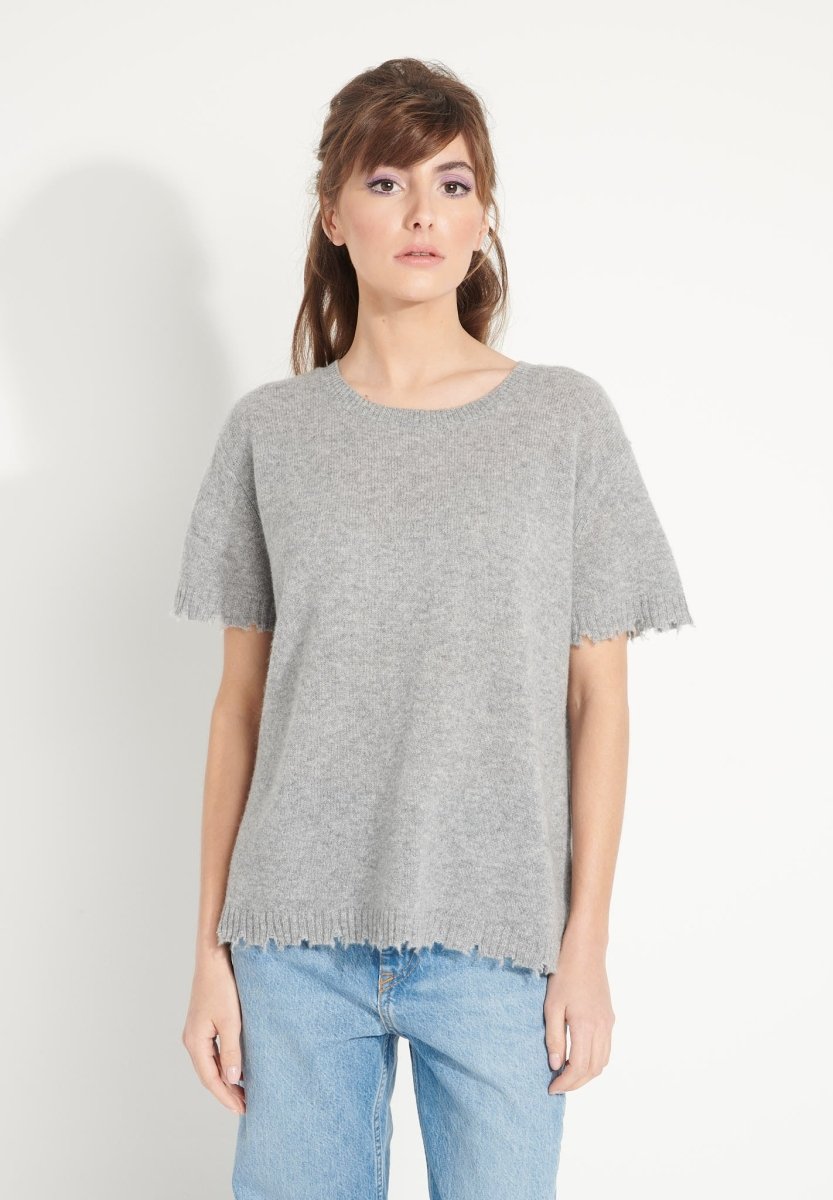 T-shirt col rond femme en cachemire déjaugé gris clair - AVA 6