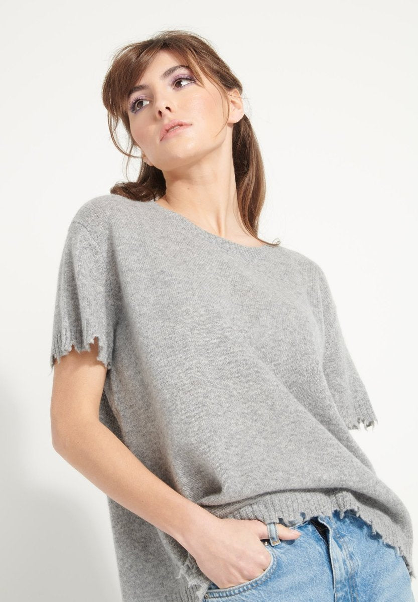 T-shirt col rond femme en cachemire déjaugé gris clair - AVA 6