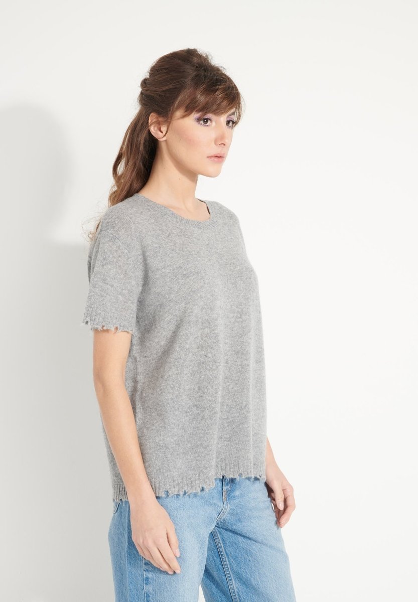 T-shirt col rond femme en cachemire déjaugé gris clair - AVA 6