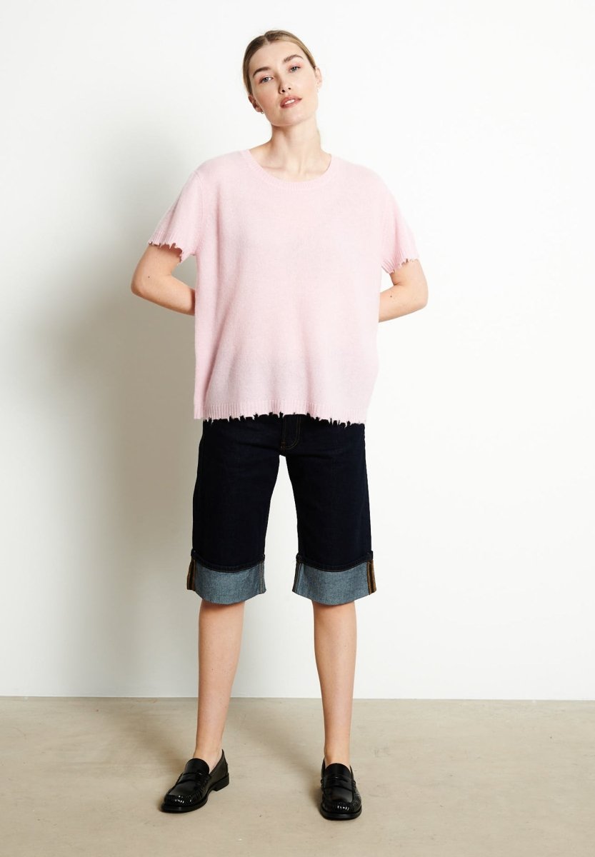 T-shirt col rond femme en cachemire déjaugé rose baby - AVA 6