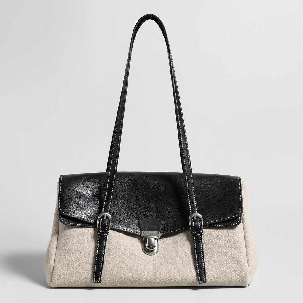 Sac cabas bicolore en toile et cuir de veau à rabat