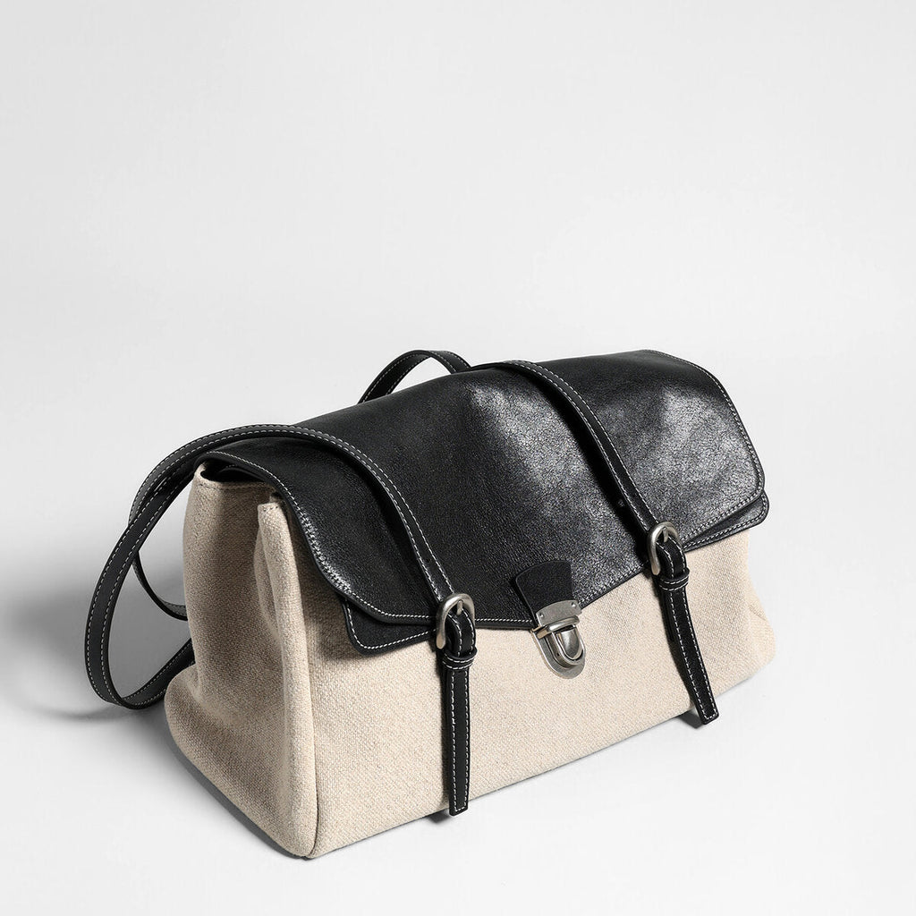 Sac cabas bicolore en toile et cuir de veau à rabat