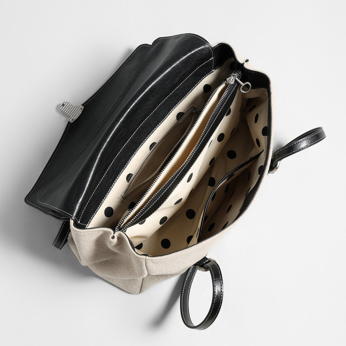 Sac cabas bicolore en toile et cuir de veau à rabat