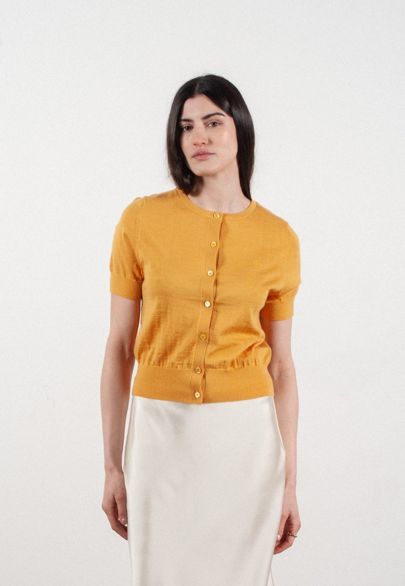Cardigan col rond manches courtes femme en cachemire et laine ultrafin jaune - FRIDA 5