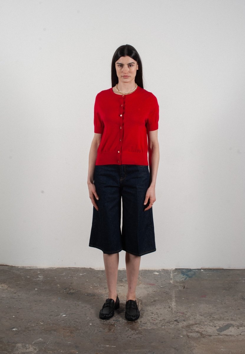 Cardigan col rond manches courtes femme en cachemire et laine ultrafin rouge - FRIDA 5