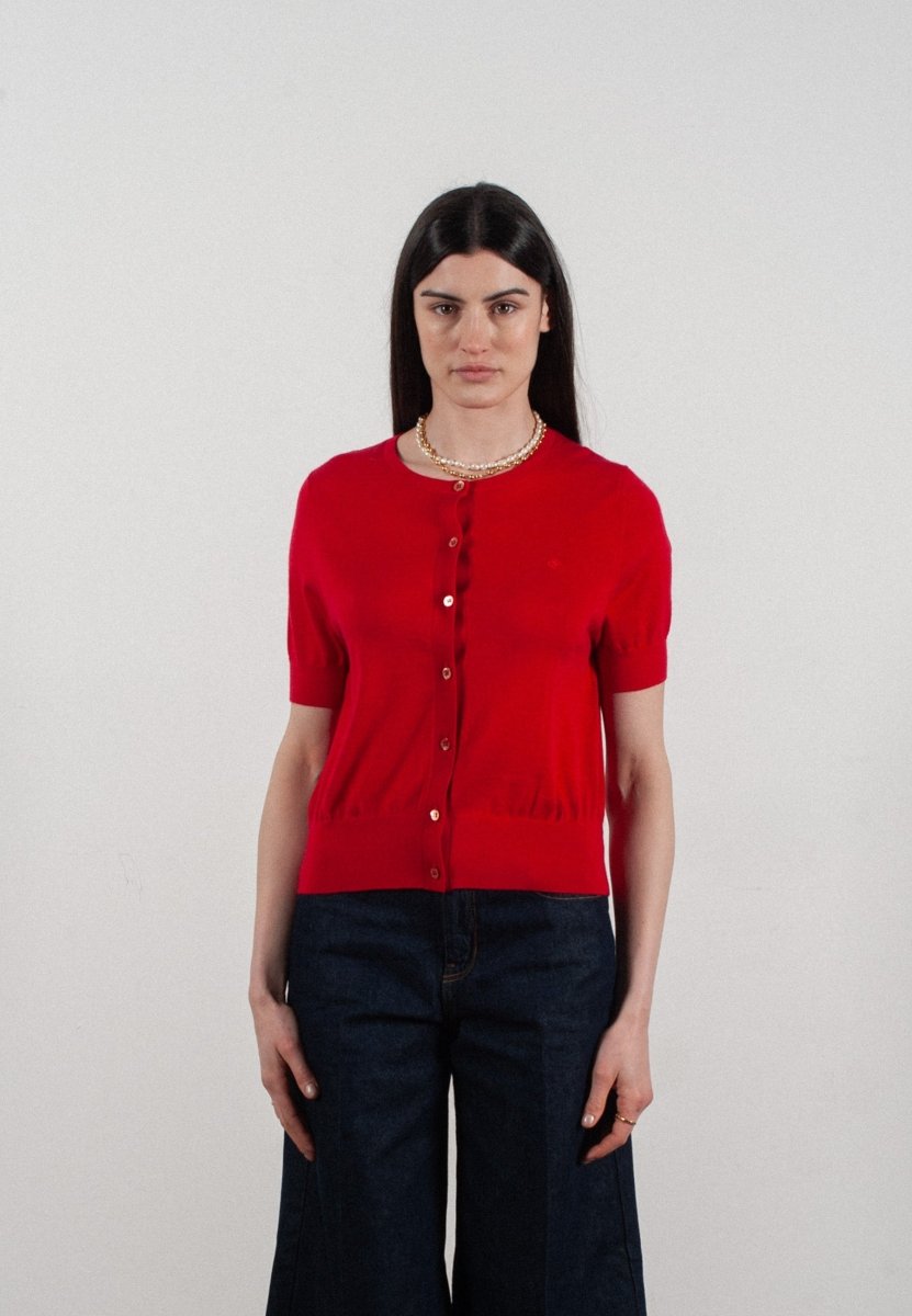Cardigan col rond manches courtes femme en cachemire et laine ultrafin rouge - FRIDA 5