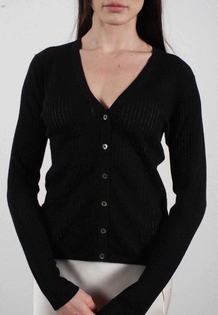 Cardigan col V femme en cachemire et laine ajouré ultrafin noir - FRIDA 3