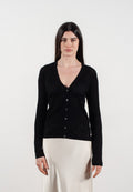 Cardigan col V femme en cachemire et laine ajouré ultrafin noir - FRIDA 3