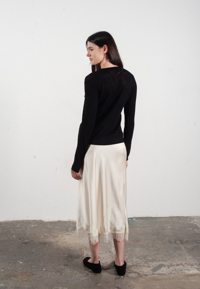 Cardigan col V femme en cachemire et laine ajouré ultrafin noir - FRIDA 3