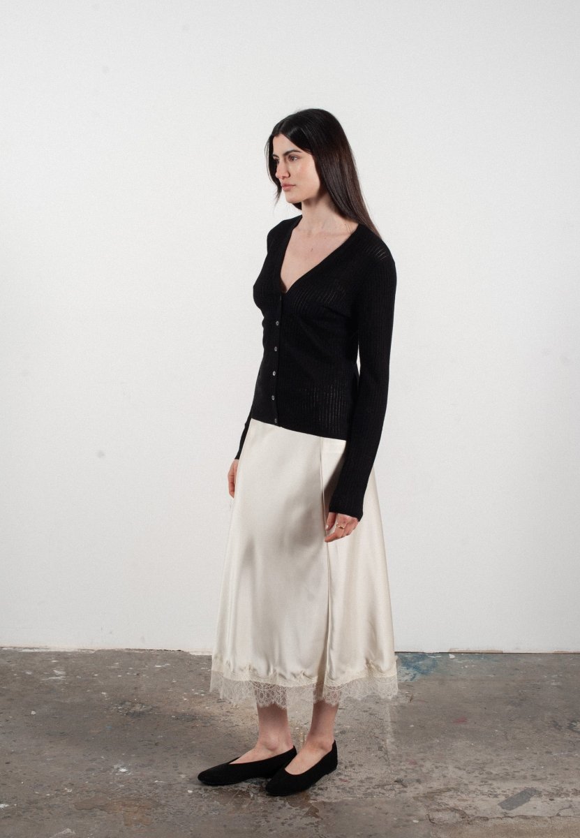 Cardigan col V femme en cachemire et laine ajouré ultrafin noir - FRIDA 3