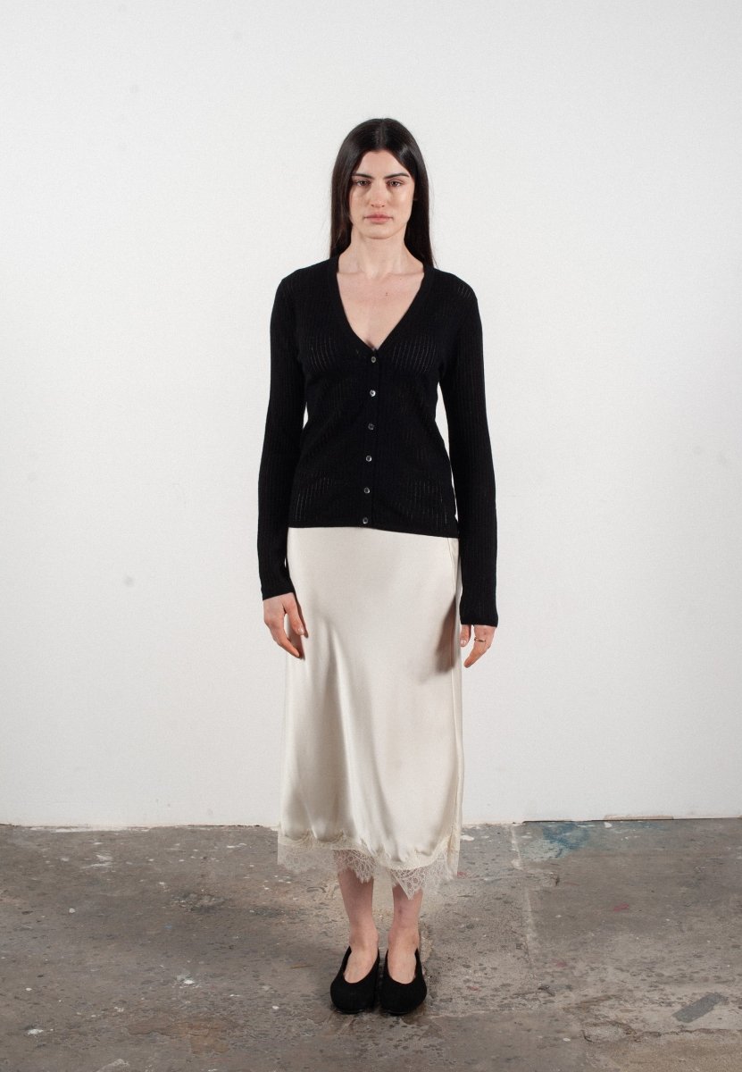 Cardigan col V femme en cachemire et laine ajouré ultrafin noir - FRIDA 3