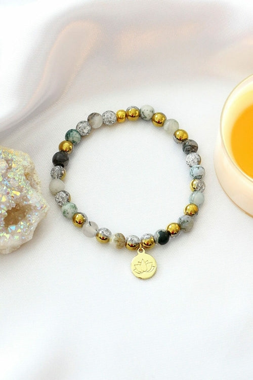Bracelet élastique agate mousse – breloque lotus or 24K