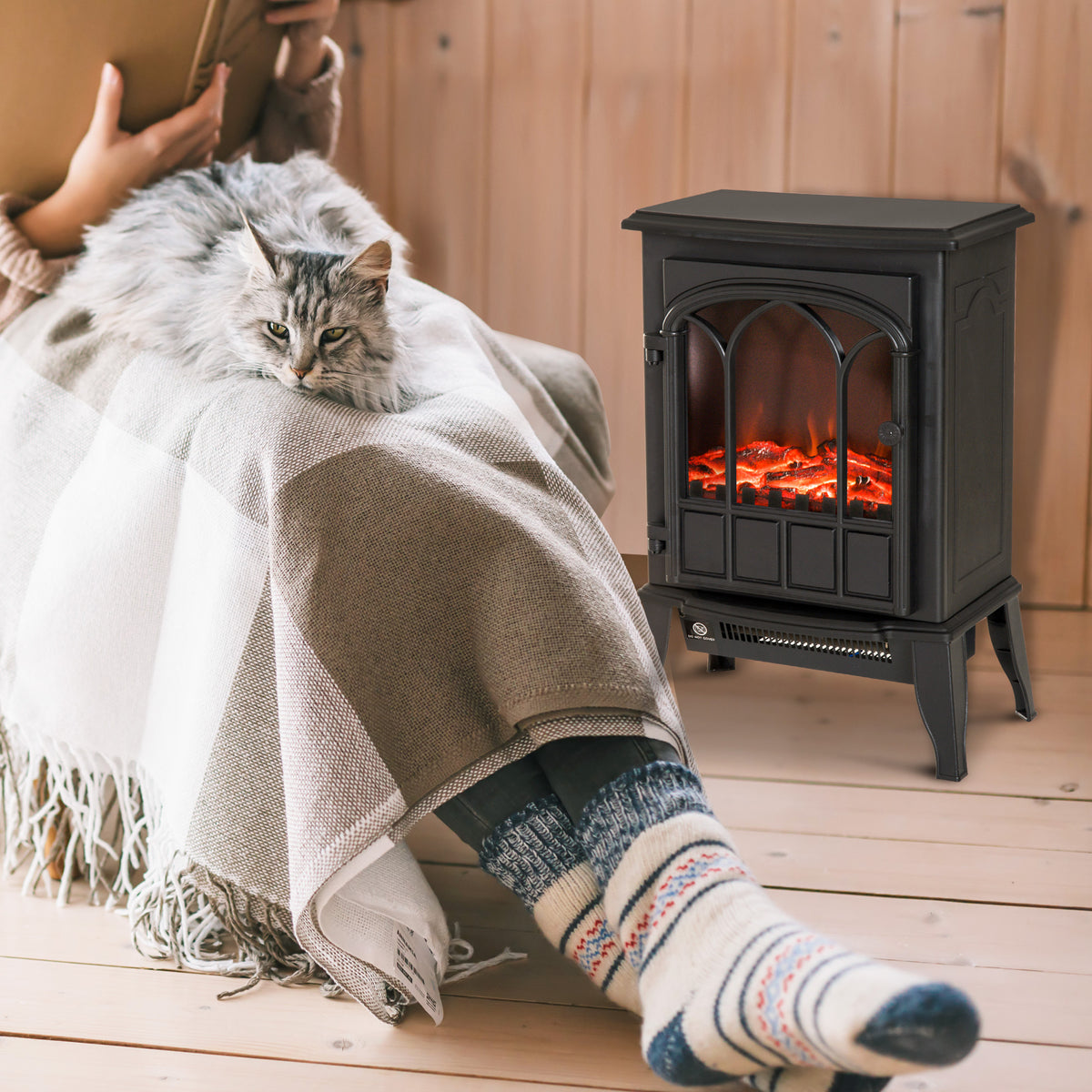 Cheminée électrique sur pied 1000/2000 W, fausse cheminée décorative avec effet flamme LED, protection contre la surchauffe, zone de couverture 15-30 m², noir-9