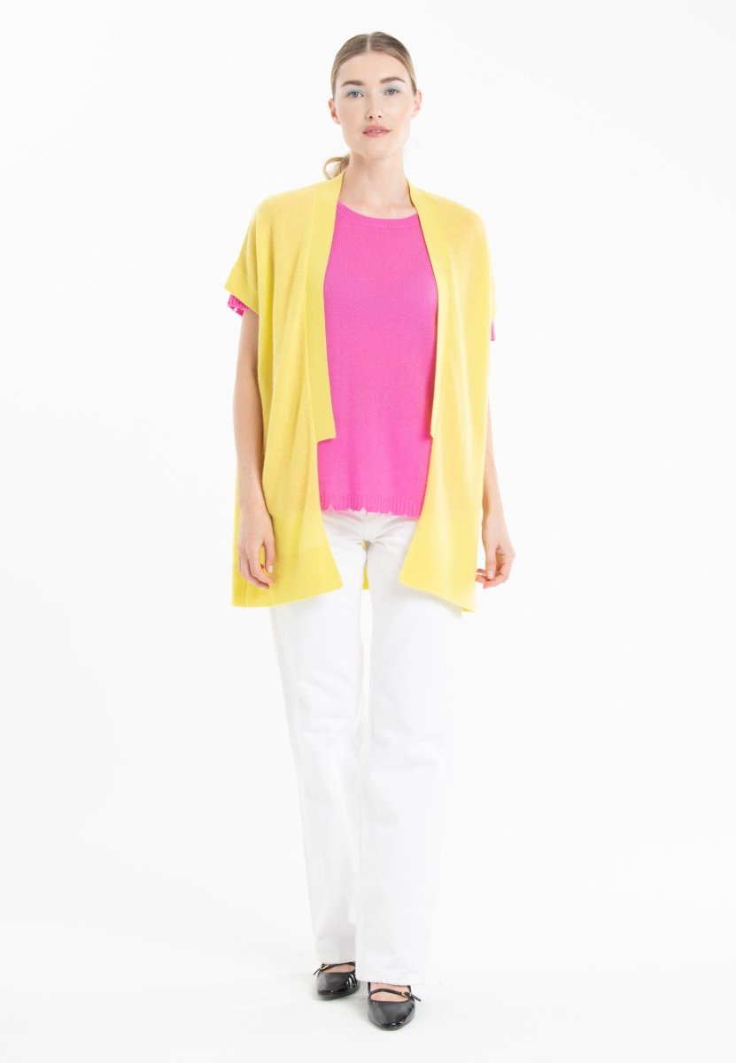 Gilet kimono manches courtes en cachemire jaune fluo - RIA 4