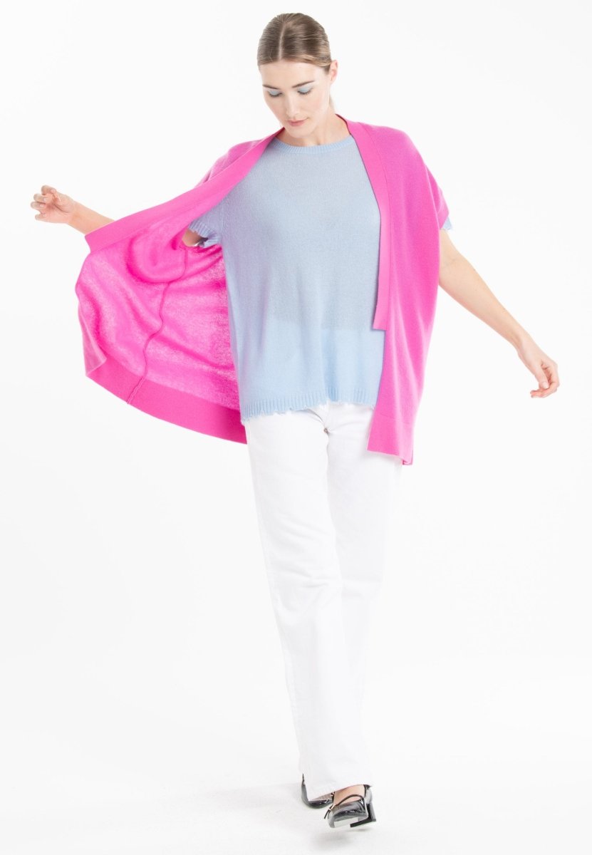Gilet kimono manches courtes en cachemire rose barbie - RIA 4