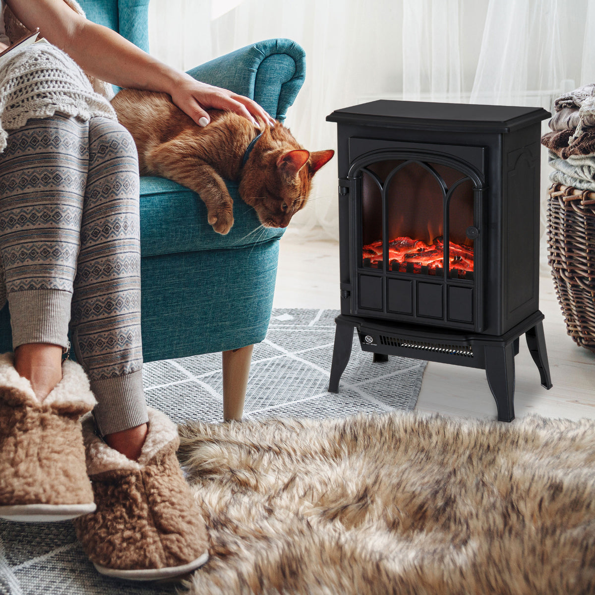 Cheminée électrique sur pied 1000/2000 W, fausse cheminée décorative avec effet flamme LED, protection contre la surchauffe, zone de couverture 15-30 m², noir-1
