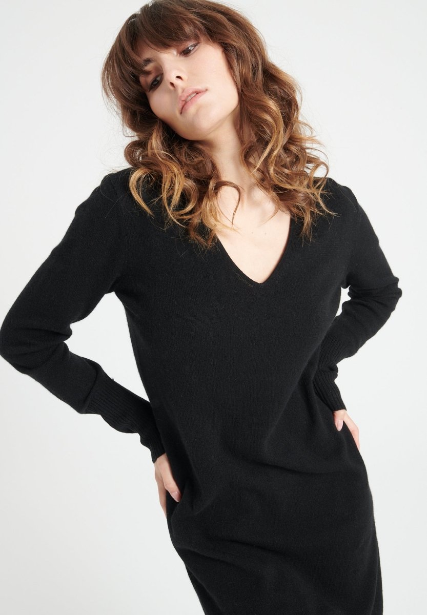 Robe col V femme en cachemire noir - LILLY 10