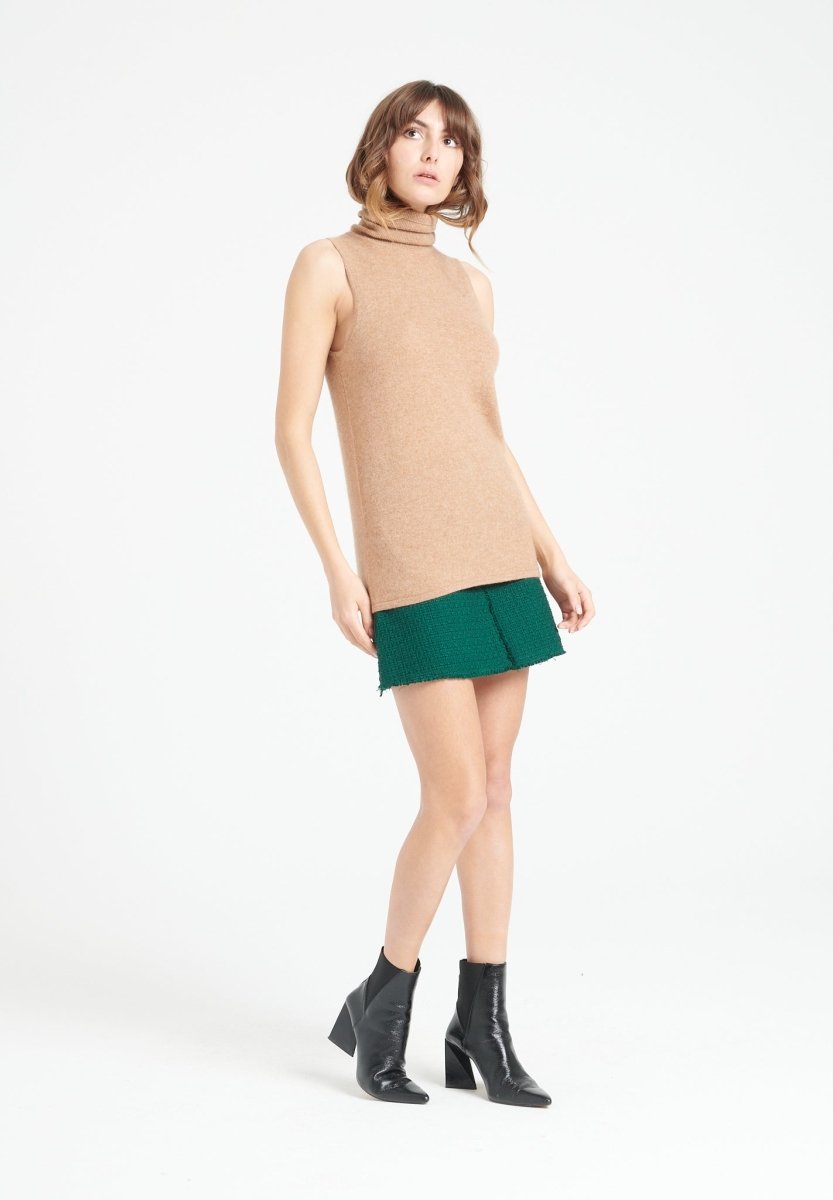 Pull col roulé sans manches femme en cachemire camel - LILLY 13-1
