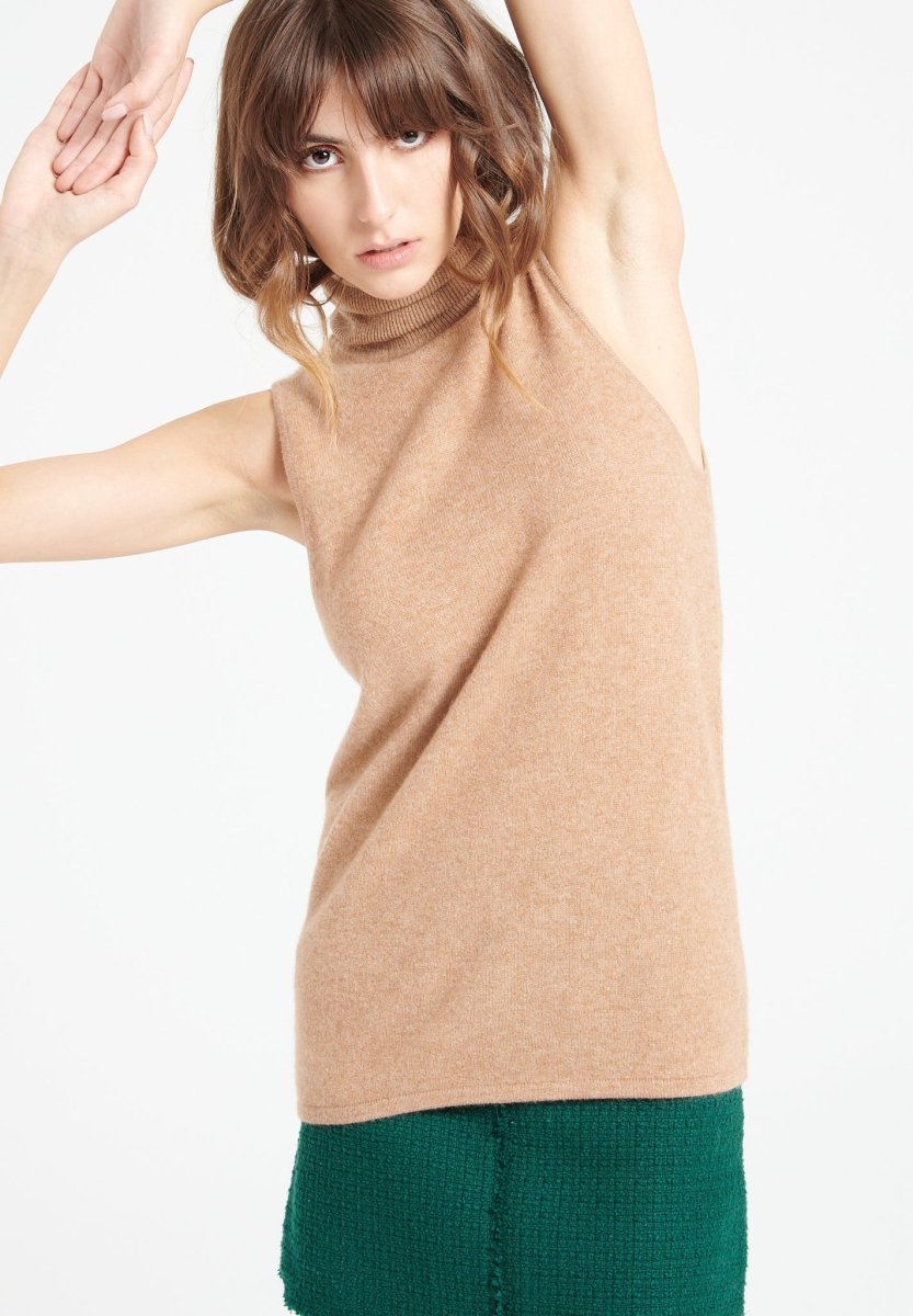 Pull col roulé sans manches femme en cachemire camel - LILLY 13-0