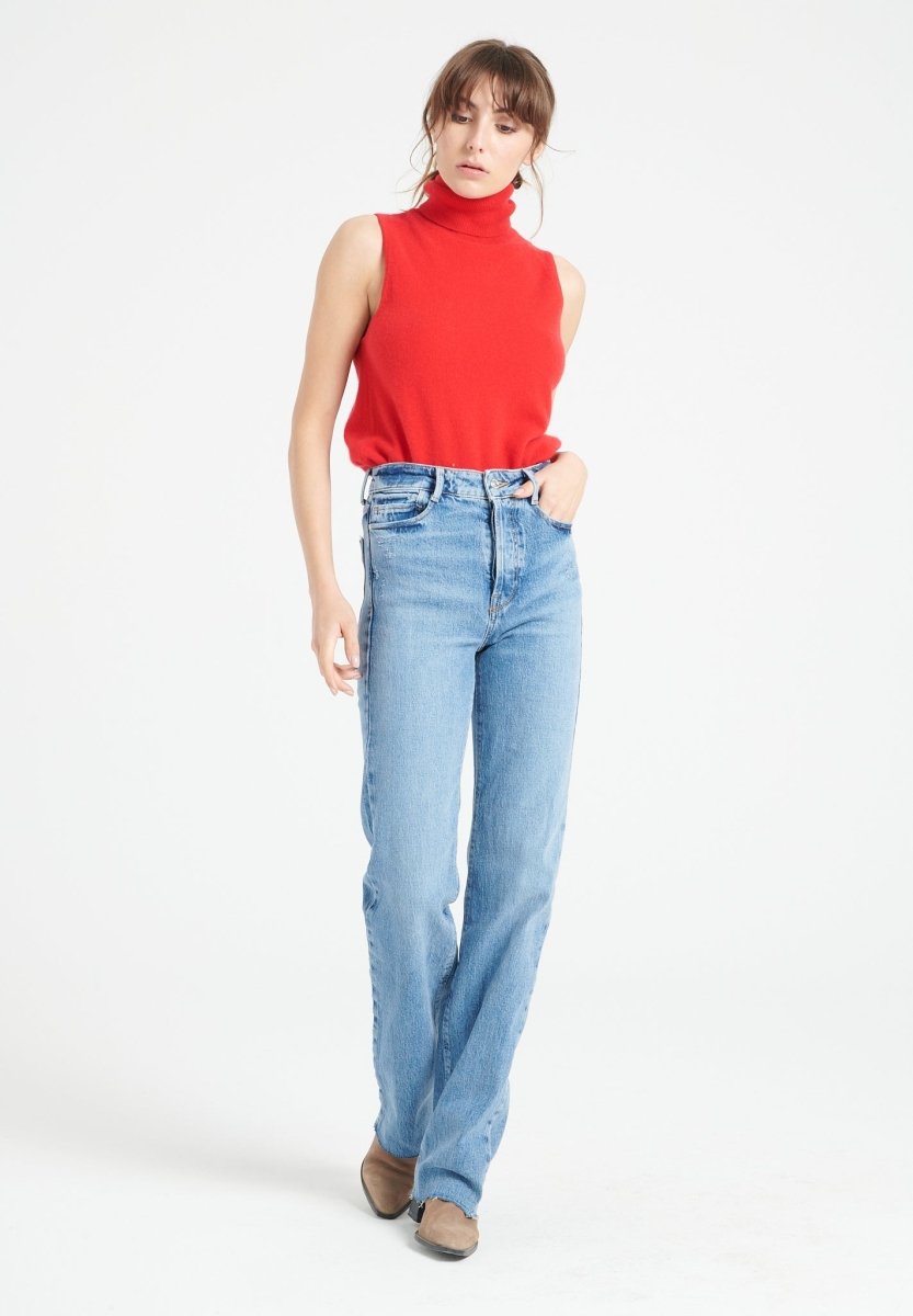 Pull col roulé sans manches femme en cachemire rouge - LILLY 13
