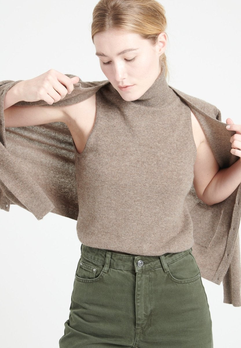 Pull col roulé sans manches femme en cachemire taupe - LILLY 13