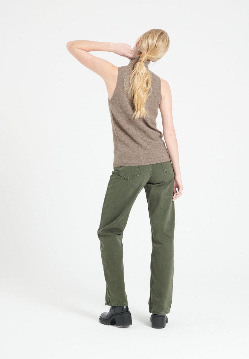 Pull col roulé sans manches femme en cachemire taupe - LILLY 13