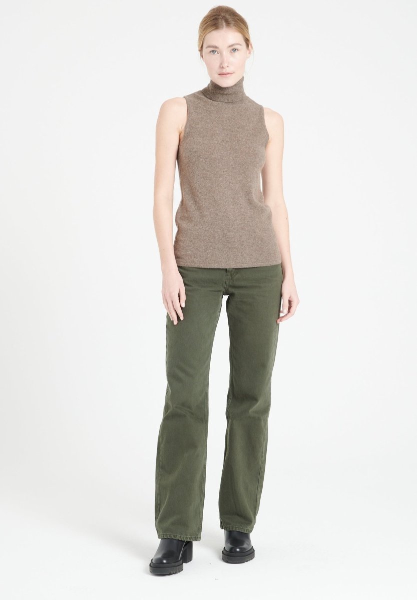 Pull col roulé sans manches femme en cachemire taupe - LILLY 13