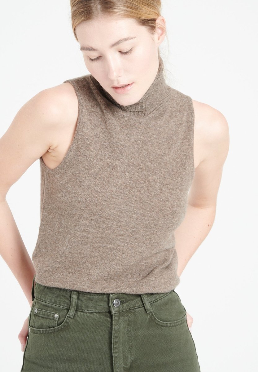 Pull col roulé sans manches femme en cachemire taupe - LILLY 13