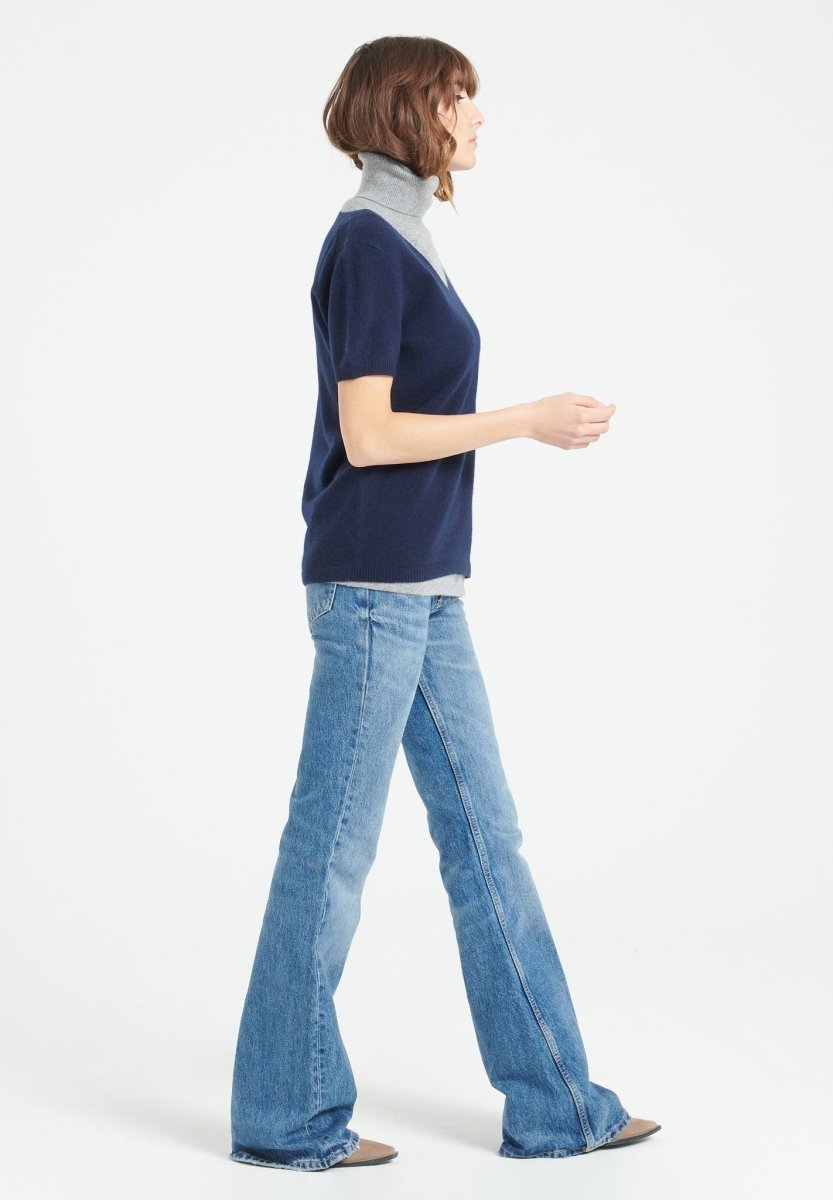 T-shirt col V femme en cachemire bleu marine - LILLY 14-3