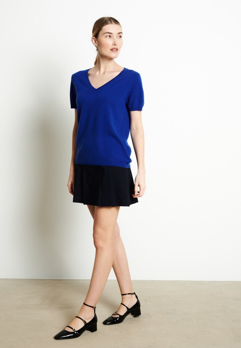 T-shirt col V femme en cachemire bleu pétrole - LILLY 14