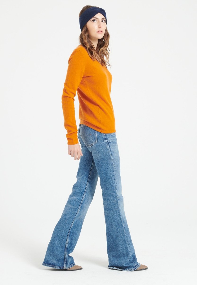 Pull col V femme en cachemire orange citrouille - LILLY 2A