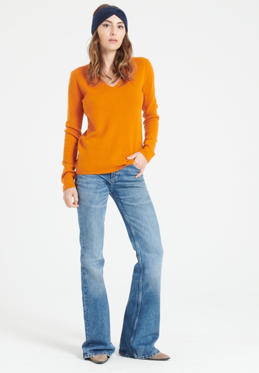 Pull col V femme en cachemire orange citrouille - LILLY 2A