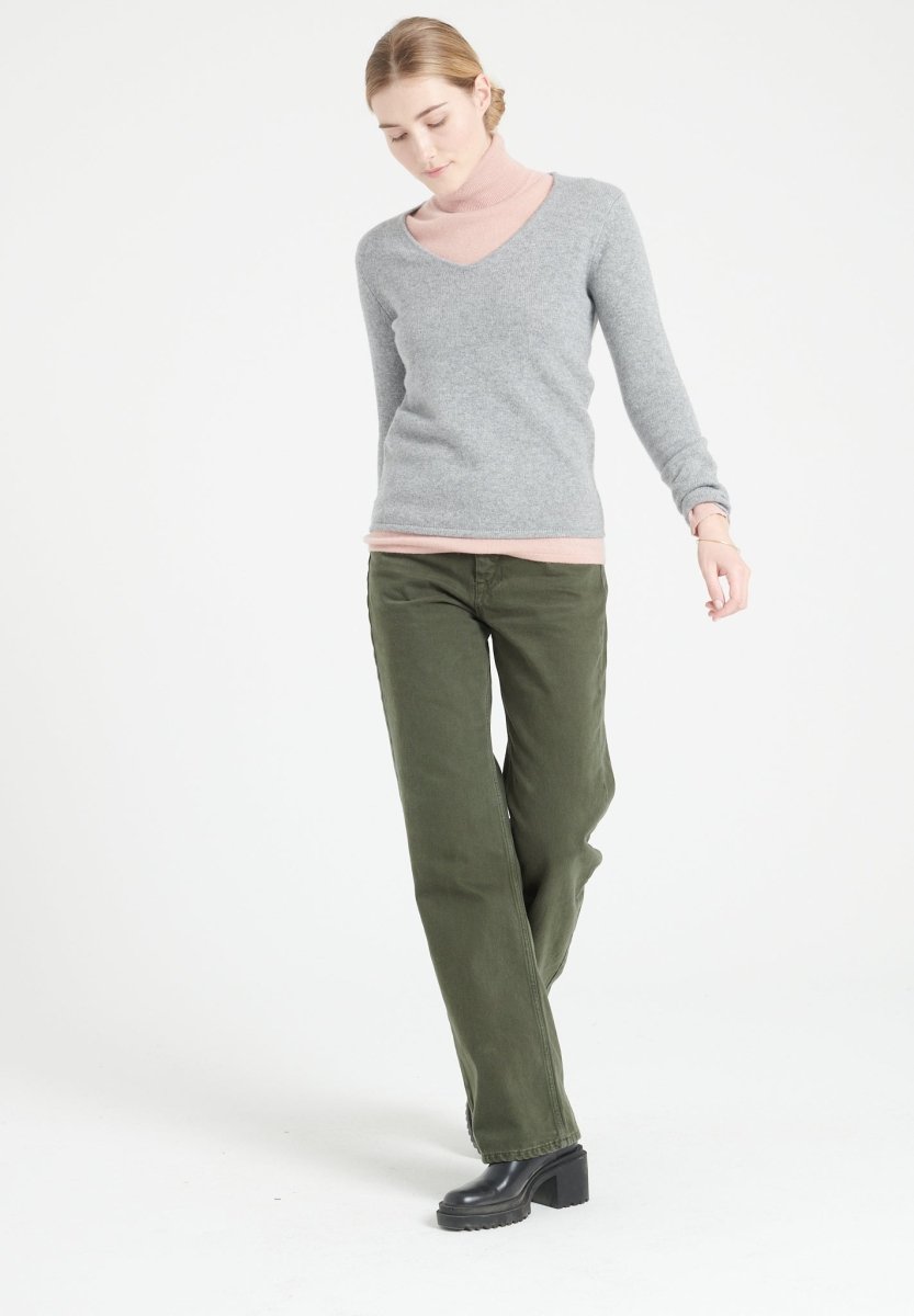 Pull col V femme en cachemire 4 fils gris clair - LILLY 20