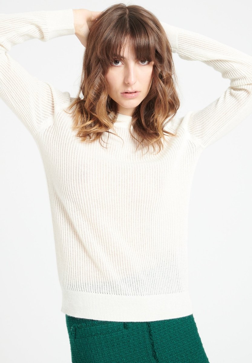 Pull col rond femme en cachemire ajouré blanc écru - LILLY 23
